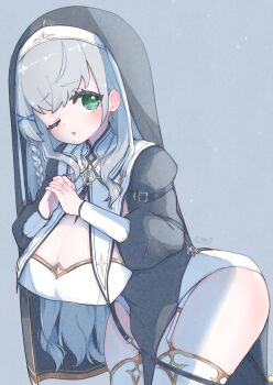 Rule 34 | 1girl, ;o, amari (ama shiiiiiiba), arched back, black dress, black veil, blush, braid, breast curtains, breasts, cleavage, cleavage cutout, clothing cutout, cowboy shot, dress, garter straps, gold trim, green eyes, grey background, grey hair, guimpe, highres, hololive, interlocked fingers, large breasts, leaning forward, long dress, long sidelocks, long sleeves, looking at viewer, nun, official alternate costume, official alternate hairstyle, one eye closed, own hands clasped, own hands together, pelvic curtain, puffy long sleeves, puffy sleeves, shirogane noel, shirogane noel (battle nun), side braid, sidelocks, simple background, single braid, solo, straight hair, thighhighs, veil, virtual youtuber, white garter straps, white thighhighs