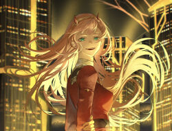 Rule 34 | 1girl, arms behind back, breasts, building, darling in the franxx, floating hair, from side, green eyes, highres, holding own arm, horn hairband, jacket, long hair, long sleeves, looking at viewer, looking to the side, open mouth, pink hair, red jacket, skyscraper, smile, solo, upper body, zero two (darling in the franxx), zuraa (naunau seijin)