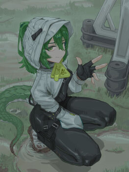 1girl absurdres arknights arknights:_endfield black_bodysuit black_gloves bodysuit closed_mouth commentary endfield_industries_logo fingerless_gloves fingernails fluorite_(arknights) full_body gloves green_eyes green_hair grey_hood hair_between_eyes hand_up highres hood hood_up light_smile long_sleeves looking_at_viewer mud outdoors short_hair snake_girl snake_tail solo squatting tail water waving zhu_xiaobai