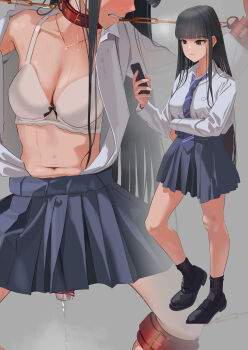 1girl absurdres black_hair black_shoes black_socks blue_necktie blue_skirt bra breasts cleavage commentary_request dress_shirt highres loafers long_hair medium_breasts navel necktie open_clothes open_shirt original pleated_skirt po-i-mu pussy_juice school_uniform sex_toy shirt shirt_tucked_in shoes skirt skirt_rolled_up socks stomach underwear vibrator vibrator_under_clothes white_bra white_shirt wrist_cuffs