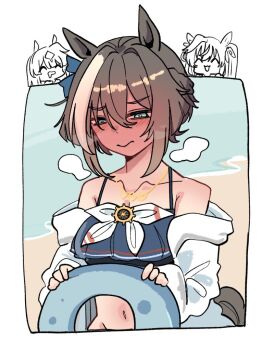 3girls :d ^_^ animal_ears bikini bikini_under_clothes blue_bikini blue_eyes blush braid breasts brown_hair cheval_grand_(summer_calm_navy_drop)_(umamusume) cheval_grand_(umamusume) chibi chibi_inset cleavage closed_eyes closed_mouth collarbone commentary_request drooling groin hair_between_eyes hair_ribbon holding holding_swim_ring horse_ears horse_girl horse_tail innertube jacket kawamochi_(kawauti919) medium_breasts mouth_drool multicolored_hair multiple_girls navel nose_blush off_shoulder open_clothes open_jacket open_mouth ribbon ship&#039;s_wheel smile solo_focus streaked_hair swim_ring swimsuit tail twintails umamusume verxina_(umamusume) vivlos_(umamusume) water white_background white_hair white_jacket