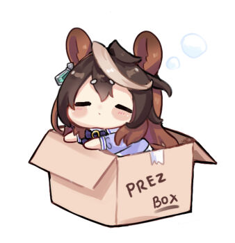 1girl absurdres animal_ears blush blush_stickers bow bowtie box brown_hair cardboard_box chibi chibi_only closed_eyes closed_mouth ear_ornament earrings hair_between_eyes highres horse_ears horse_girl in_box in_container jewelry long_hair multicolored_hair puffy_short_sleeves puffy_sleeves purple_bow purple_bowtie purple_shirt sailor_collar sailor_shirt school_uniform shirt short_sleeves single_earring skirt streaked_hair symboli_rudolf_(umamusume) tracen_school_uniform ukichan22905846 umamusume white_hair white_sailor_collar white_skirt