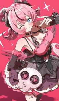Rule 34 | 1girl, absurdres, aria (discordant note) (zenless zone zero), aria (zenless zone zero), bare shoulders, black bridal gauntlets, black choker, black dress, black hair, black streaks, blue eyes, blush, breasts, bridal gauntlets, choker, cleavage, collarbone, commentary request, cowboy shot, crossed bangs, dress, grin, hair between eyes, highres, kuno (kc9s), large breasts, looking at viewer, multicolored hair, official alternate costume, one eye closed, pink hair, red background, red wings, skull ornament, smile, solo, sparkle, star-shaped pupils, star (symbol), streaked hair, symbol-shaped pupils, wings, zenless zone zero