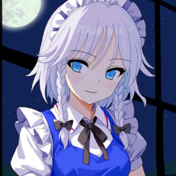 1girl black_bow black_bowtie blue_eyes blush bow bowtie braid closed_mouth collared_shirt commentary_request dress full_moon grey_hair izayoi_sakuya long_hair looking_at_viewer maid maid_headdress mist9801km moon night night_sky pinafore_dress puffy_short_sleeves puffy_sleeves purple_dress shirt short_sleeves sky sleeveless sleeveless_dress smile solo touhou twin_braids white_shirt