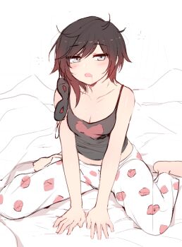 1girl bare_shoulders bed bed_sheet black_hair blush breasts cleavage drooling feet female_focus floral_print full_body gradient_hair grey_eyes half-closed_eyes looking_at_viewer medium_breasts messy_hair multicolored_hair navel ndgd on_bed open_mouth pajamas red_hair ruby_rose rwby saliva seiza short_hair simple_background sitting sleep_mask solo tank_top white_background