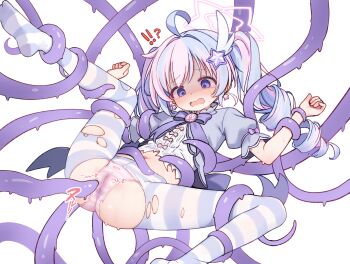 !? 1girl ahoge blue_archive blue_hair hair_ornament halo highres kohaku_rinne loli multicolored_hair open_mouth panties pantyhose pink_hair purple_eyes reisa_(blue_archive) reisa_(magical)_(blue_archive) restrained short_sleeves solo star_(symbol) star_hair_ornament striped_clothes tentacle_sex tentacles tentacles_under_clothes torn_clothes torn_pantyhose twintails two-tone_hair underwear white_background white_pantyhose