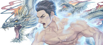 1boy aura black_hair dragon dragon_horns duplicate eastern_dragon facial_hair fangs fighting_stance goatee hair_slicked_back horns kiryu_kazuma male_focus manly mature_female mythological_creature ryuu_ga_gotoku_(series) scales sharp_teeth topless_male short_hair shouting talgi teeth upper_body