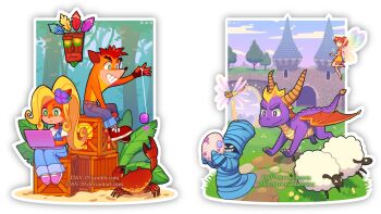 1boy 1other 2girls aku_aku animification blonde_hair bug castle coco_bandicoot commentary computer crab crash_bandicoot crash_bandicoot_(series) crate dav-19 dragon dragonfly egg english_commentary fairy fairy_wings furry furry_female furry_male grass high_ponytail insect laptop long_hair multiple_girls orange_hair outdoors overalls pants ponytail sheep sitting sparx_(spyro) spyro_(series) spyro_the_dragon thief_(spyro) transparent_background wings yo-yo zoe_(spyro)