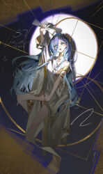 Rule 34 | 1girl, 37 (reverse:1999), :o, absurdres, ancient greek clothes, arm up, armlet, artist name, bare legs, blue eyes, blue hair, character name, copyright notice, dark background, emphasis lines, english text, eyes visible through hair, feet out of frame, gold choker, golden spiral, greco-roman clothes, hair over one eye, hand up, highres, holding, holding paper, leg up, long hair, open mouth, paper, paper roll, penglaiyuzhi yinghuiyue, reverse:1999, shadow, single bare shoulder, solo, spotlight, toga, very long hair