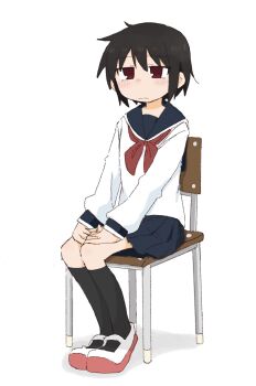 Rule 34 | 1girl, black hair, black socks, blue sailor collar, blue skirt, blush, chair, closed mouth, female focus, flat chest, full body, hands on own thighs, have to pee, kneehighs, large variant set, legs together, long sleeves, looking afar, miniskirt, neckerchief, nose blush, on chair, original, own hands together, pleated skirt, ponnu (tnpn2yw), red eyes, red neckerchief, red shoes, sailor collar, school chair, school uniform, serafuku, shirt, shoes, short hair, sidelocks, sitting, skirt, socks, solo, variant set, white shirt