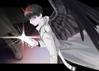 2boys black_boots black_coat black_eyes black_hair black_shirt black_wings boots coat curtained_hair holding holding_phone horns kim_dokja male_focus multiple_boys omniscient_reader&#039;s_viewpoint open_clothes open_coat phone poxeii red_horns shining shirt short_hair white_coat wings yoo_joonghyuk