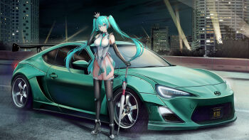 1girl absurdres aqua_eyes aqua_hair aqua_necktie bare_shoulders black_boots black_gloves black_thighhighs boots breasts car cleavage_cutout clothing_cutout commentary commission crown elbow_gloves english_commentary gloves goodsmile_company goodsmile_racing hand_up hatsune_miku high_heel_boots high_heels highleg highleg_leotard highres holding holding_umbrella kcar66t large_breasts leotard long_hair looking_at_viewer mini_crown mixed-language_commentary motor_vehicle necktie night official_alternate_costume outdoors race_queen racing_miku racing_miku_(2013) scion_fr-s solo sports_car standing thigh_boots thighhighs thighs umbrella vehicle_request very_long_hair vocaloid white_leotard wide_shot