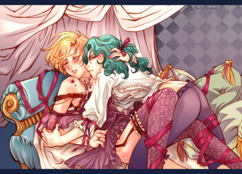 Rule 34 | 1990s (style), 2girls, argyle background, argyle clothes, ass, bishoujo senshi sailor moon, blonde hair, blush, buta-chan, couple, dress, flower, frilled legwear, garter straps, green hair, hair ribbon, jewelry, kaiou michiru, lace, long hair, multiple girls, pillow, retro artstyle, ribbon, ring, role reversal, short hair, star (symbol), strap slip, ten'ou haruka, thighhighs, yuri