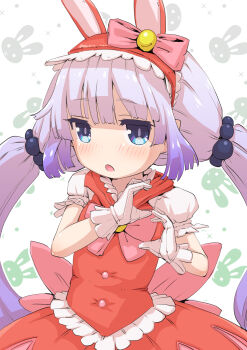 1girl :o alternate_hairstyle animal_ears asymmetrical_heart_hands back_bow blue_eyes blush bow bowtie bubble_skirt buttons child commentary commentary_request english_commentary fake_animal_ears frilled_hairband frills gloves gradient_hair grey_hair hair_ornament hairband heart heart_hands highres kanna_kamui kobayashi-san_chi_no_maidragon looking_at_viewer mitsuru_(uramitsuru1206) mixed-language_commentary multicolored_hair no_horns open_mouth pink_bow pink_bowtie pointy_ears puffy_short_sleeves puffy_sleeves rabbit_background rabbit_ears red_hairband red_vest short_sleeves skirt solo sphere_hair_ornament twintails upper_body vest white_gloves