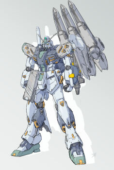 Rule 34 | armor, clenched hand, commentary request, earth federation, funnels (gundam), gundam, gundam hathaway's flash, highres, komatsu eiji, mecha, mecha focus, missile pod, mobile suit, no humans, nu gundam mp type, robot, science fiction, solo, v-fin, weapon, yellow eyes