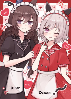 Rule 34 | 2girls, absurdres, admire vega (umamusume), alternate costume, animal ears, apron, black shirt, black skirt, blush, bow, braid, breasts, brown hair, closed mouth, commentary request, curren chan (umamusume), ear bow, ear covers, english text, grey hair, hair between eyes, headdress, heart, highres, horse ears, horse girl, long hair, looking at viewer, mayuchi427, multiple girls, one eye closed, open mouth, purple eyes, red bow, red shirt, red skirt, shirt, short hair, short sleeves, single ear cover, skirt, smile, twin braids, twintails, umamusume, waist apron, waitress, white apron, white headdress