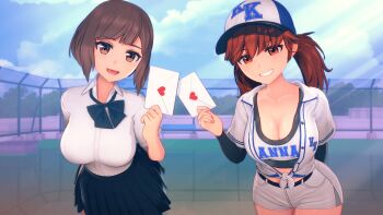 2girls 3d anna_(anna_anon) anna_anon anna_skyler_(anna_anon) baseball_cap baseball_uniform black_skirt breasts brown_hair ela_amano_(anna_anon) envelope hat highres holding holding_envelope looking_at_viewer multiple_girls non-web_source orange_eyes pleated_skirt school_uniform short_hair short_twintails skirt sportswear thighs twintails