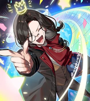 Rule 34 | 1boy, :d, ^ ^, arm up, artist name, ascot, black coat, black hair, black pants, brown vest, closed eyes, coat, commentary request, confetti, crown, drawn crown, floating hair, hair over shoulder, lapels, long hair, long sleeves, low-tied long hair, lower teeth only, male focus, mario (series), mario kart, mario kart 8, monocle, nijisanji, ninahachi, nintendo, notice lines, open clothes, open coat, open mouth, pants, parted bangs, planet, rainbow road, red ascot, shellin burgundy, shellin burgundy (1st costume), shirt, sky, smile, solo, space, star (symbol), teeth, translation request, twitter username, v-shaped eyebrows, vest, virtual youtuber, white shirt