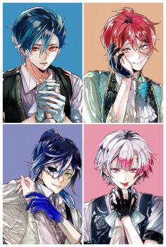 Rule 34 | 1girl, 4boys, :>, ahoge, akuma shitsuji to kuroi neko, ammon lead, aqua hair, ascot, asymmetrical bangs, barbell piercing, black gloves, black vest, blonde hair, blue background, blue bow, blue bowtie, blue gloves, blue hair, blue vest, blunt bangs, blush, border, boschi arenas, bow, bowtie, buttons, center-flap bangs, closed mouth, collage, collared shirt, commentary request, contrast lapels, cracked mask, cross, cross earrings, double-parted bangs, ear chain, ear piercing, earrings, empty eyes, fang, female pov, fennesz oswald, gloves, green eyes, guided hand on cheek, guiding hand, hair between eyes, half mask, hand grab, hand on another's hand, haures clifford, head tilt, high ponytail, highres, holding another's wrist, holding hands, hoop earrings, interlocked fingers, jewelry, lapels, light blush, linked piercing, long hair, long sleeves, looking at viewer, loosely tucked bangs, male focus, mask, monocle, multicolored eyes, multicolored hair, multiple boys, multiple piercings, nonoko (meg36544), open collar, orange background, pale skin, parted bangs, piercing, pink eyes, pink hair, ponytail, pov, pov hands, print vest, red eyes, red hair, red pupils, sanpaku, shawl lapels, shirt, short eyebrows, short hair, short sleeves, sidelocks, single earring, smirk, sweatdrop, three-quarter sleeves, tongue, tongue out, tongue piercing, two-tone eyes, two-tone hair, upper body, vest, waistcoat, white ascot, white border, white bow, white bowtie, white gloves, white hair, white shirt, white streaks, wing collar, yellow eyes