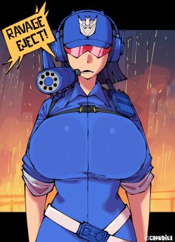1girl baseball_cap belt blue_hair blue_hat blue_shirt breasts collared_shirt decepticon english_text expressionless facing_viewer genderswap genderswap_(mtf) hat headphones headset highres huge_breasts humanization insignia lower_teeth_only loyal_cloud open_mouth orange_sky red-tinted_eyewear shirt short_hair shoulder_cannon sky sleeves_rolled_up solo soundwave_(transformers) speech_bubble sunglasses teeth tinted_eyewear transformers triangular_eyewear upper_body walkie-talkie white_belt