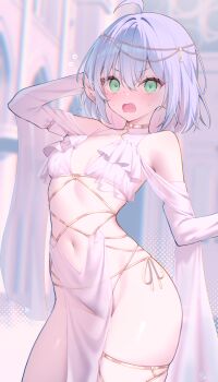 1girl ahoge blue_hair bra breasts colored_inner_hair commentary dancer detached_sleeves green_eyes highres long_sleeves looking_at_viewer multicolored_hair navel open_mouth original panties pelvic_curtain pink_hair roin see-through_clothes see-through_pelvic_curtain short_hair small_breasts solo two-tone_hair underwear white_bra white_panties