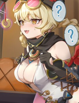 1girl 1other ? @_@ bandana_around_arm bare_shoulders black_gloves blonde_hair braid braided_hair_rings breasts center_opening cleavage clothing_cutout coin coin_on_string commentary_request fang genshin_impact glove_cutout gloves goggles goggles_on_head hair_rings highres hypnosis jahoda_(genshin_impact) large_breasts leotard lifting_own_clothes long_hair mind_control open_mouth paid_reward_available pink-tinted_eyewear revision skin_fang solo_focus speech_bubble spoken_question_mark sweat tinted_eyewear tomas_(kaosu22) upper_body white_leotard yellow_eyes