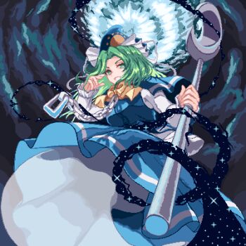 1girl blue_cape blue_capelet blue_hat blue_skirt blue_vest bow bowtie breasts cape capelet chain commentary_request green_eyes green_hair grin happy hat hat_ribbon holding holding_staff juliet_sleeves long_hair long_sleeves medium_breasts mima_(touhou) nukekip outdoors oversized_object pixel_art puffy_sleeves ribbon shirt skirt skirt_set smile solo spoon staff sun_print touhou touhou_(pc-98) vest white_ribbon white_shirt wizard_hat yellow_bow yellow_bowtie