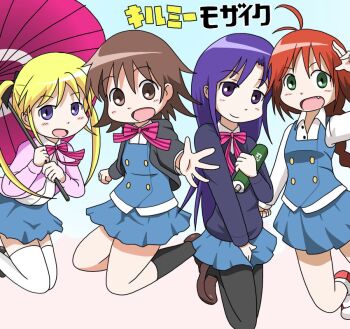 Rule 34 | 4girls, alternate costume, black pantyhose, black socks, blonde hair, blue eyes, blue hair, blue skirt, blush, bow, bowtie, brown eyes, closed mouth, dot nose, fang, goshiki agiri, green eyes, hair between eyes, holding, japanese text, kill me baby, kin-iro mosaic, long hair, looking at viewer, multiple girls, open clothes, open mouth, open sweater, oribe yasuna, panties, pantyhose, pink sweater, purple eyes, red hair, shirt, shoes, short hair, skirt, smile, socks, sonya (kill me baby), striped bow, striped bowtie, striped clothes, sweater, thighhighs, translation request, twintails, uchujin17, umbrella, underwear, unused character (kill me baby), white shirt