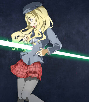 1girl beret blonde_hair blue_hair buttons commentary_request dark_background death energy energy_beam feet_out_of_frame frenda_seivelun glowing grey_hat grey_jacket grey_pantyhose hat highres jacket layered_sleeves long_hair long_sleeves miniskirt mugino_shizuri negiko123123 open_mouth pantyhose partial_commentary plaid_clothes plaid_skirt plasma pleated_skirt red_skirt scene_reference shirt skirt solo toaru_majutsu_no_index toaru_majutsu_no_index:_old_testament wavy_hair white_shirt