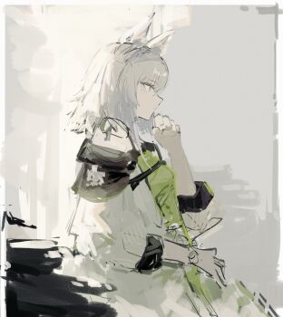 1girl absurdres animal_ears arknights border cat_ears cat_girl commentary green_eyes hand_up highres infection_monitor_(arknights) kal&#039;tsit_(arknights) medium_hair off_shoulder solo watch white_border white_hair wristwatch yoioisss