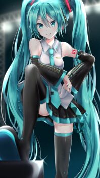 1girl aqua_eyes aqua_hair aqua_nails aqua_necktie aqua_trim arm_tattoo armpit_crease black_skirt black_sleeves blush boots breasts collared_shirt detached_sleeves grey_shirt hair_between_eyes hair_ornament hand_on_own_hip hatsune_miku headset highres itogari long_hair long_sleeves medium_breasts miniskirt necktie number_tattoo pleated_skirt shirt skirt sleeveless sleeveless_shirt smile solo tattoo thigh_boots twintails very_long_hair vocaloid wide_sleeves