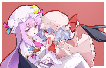 2girls :d ascot bat_wings black_tea blue_bow blue_hair book border bow breasts brooch capelet claw_pose commentary_request crescent crescent_hat_ornament cup dress drop_shadow fang feet_out_of_frame forestrylam frilled_skirt frills gem grabbing_another&#039;s_arm hair_bow hand_up hat hat_ornament hat_ribbon highres holding holding_book holding_cup jewelry jitome light_blush long_hair mob_cap multiple_girls one_eye_closed open_mouth patchouli_knowledge pink_ascot pink_bow pink_hat pink_shirt pink_skirt purple_capelet purple_dress purple_eyes purple_hair purple_hat red_background red_eyes red_gemstone red_ribbon remilia_scarlet ribbon shirt short_hair short_sleeves sidelocks sitting skin_fang skirt small_breasts smile striped_clothes striped_dress tea teacup touhou triangle_mouth white_border wing_wrap wings