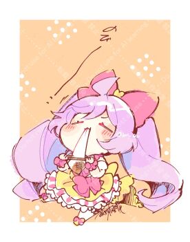 1girl ahoge blush_stickers border bow chibi chibi_only closed_eyes closed_mouth commentary_request dress eating food full_body hagino_kaede hair_bow highres long_hair manaka_laala mochi orange_background outside_border pink_bow pretty_series pripara purple_hair shoes short_sleeves sitting socks solo twintails twitter_username watermark watermark_grid white_border white_socks yellow_dress yellow_shoes