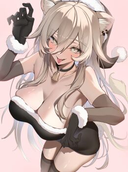1girl ahoge alternate_costume animal_ear_piercing animal_ears armpit_crease bare_shoulders bell black_choker black_dress black_gloves black_hat black_thighhighs breasts choker cleavage commentary_request double-parted_bangs dress fur-trimmed_dress fur-trimmed_gloves fur-trimmed_headwear fur_trim gloves grey_eyes grey_hair hair_between_eyes hand_up hat highres hololive large_breasts leaning_forward lion_ears lion_girl lion_tail long_hair long_hair_between_eyes long_sidelocks looking_at_viewer messy_hair neck_bell omoti_(1201208) open_mouth paid_reward_available pink_background santa_hat shishiro_botan short_dress sidelocks simple_background solo strapless strapless_dress tail thighhighs tongue tongue_out virtual_youtuber