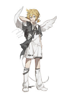 1boy black_capelet blonde_hair blue_eyes capelet crossed_bangs dated double-parted_bangs feathered_wings full_body hair_between_eyes hand_up highres kagamine_len kneehighs looking_at_viewer male_focus parted_lips shirt shoes short_hair short_sleeves shorts signature simple_background socks solo standing vocaloid white_background white_shirt white_shoes white_shorts white_socks white_wings wings zeriko