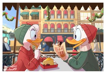 1boy 1girl blue_eyes daisy_duck disney donald_duck duck_boy duck_girl food fork happy hat mickey_mouse_&amp;_friends open_mouth purple_eyes shirt smile table takatmaorange upper_body