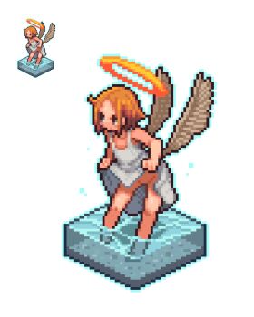 1girl angel angel_wings blonde_hair blue_outline caustics clothes_lift dress dress_lift feathered_wings halo isometric lifting_own_clothes loli low_wings lowres no_panties omunikin original outline pixel_art simple_background sleeveless sleeveless_dress solo wading water white_background white_dress wings