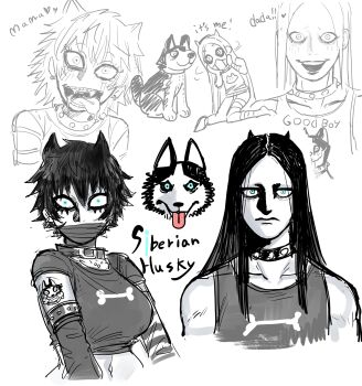 1boy 1girl :d absurdres animal_name arm_tattoo bandages bandages_over_mouth bare_shoulders belt_collar blue_eyes braces breasts choker collar collarbone constricted_pupils creature_and_personification cropped_shirt dancho_no_mori dog drooling earrings english_text eyeliner fangs highres husky jewelry large_breasts long_hair makeup navel no_eyebrows open_mouth original parted_bangs personification saliva short_hair simple_background smile spiked_choker spikes stuffed_animal stuffed_dog stuffed_toy tank_top tattoo teeth tongue tongue_out white_background