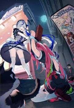 absurdres ahoge animal aokumo_rin aqua_wrist_cuffs arms_up backless_dress backless_outfit black_dress bloomers blue_eyes broom building cat commentary_request dress elbow_gloves eun_yo full_moon garter_straps gloves grey_hair gun hair_intakes hanako_nana highres holding holding_broom korean_commentary legs_apart long_hair maid maid_headdress mary_janes moon motion_lines multicolored_hair night open_mouth outdoors paint_on_clothes paint_splatter people pink_hair pink_shirt punishment shirt shoes short_sleeves side_ponytail sign sitting smoke smoking_barrel standing star_(sky) stellive streaked_hair sweat thighhighs twintails two-tone_dress underwear upskirt urban v-shaped_eyebrows very_long_hair virtual_youtuber wariza weapon white_garter_straps white_gloves white_thighhighs wrist_cuffs