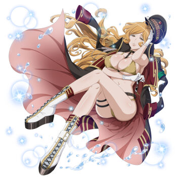 Rule 34 | 1girl, anime coloring, arm under breasts, arm up, bare shoulders, between breasts, bikini, black choker, black coat, black hat, boots, breasts, choker, cleavage, coat, coat on shoulders, crossed legs, curly hair, curly sidelocks, danmachi memoria freese, demeter (danmachi), dungeon ni deai wo motomeru no wa machigatteiru darou ka, epaulettes, full body, gloves, gold bikini, hand on own head, hat, holding, holding removed eyewear, large breasts, long hair, looking at viewer, navel, official alternate costume, official art, orange eyes, orange hair, parted lips, peaked cap, platform boots, red coat, smile, solo, stomach, strap between breasts, sunglasses, swimsuit, thigh strap, third-party source, two-sided coat, two-sided fabric, unworn eyewear, white boots, white gloves