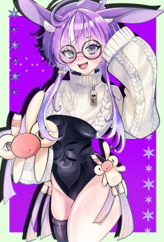 1girl ahoge animal_ears aqua_eyes black_leotard breasts fang ginpe_souda highres jared_(michi_mochievee) large_breasts leotard long_hair michi_mochievee michi_mochievee_(bunny) patchwork_skin purple_hair purple_thighhighs rabbit_ears rabbit_girl sidelocks single_thighhigh skin_fang solo sweater thighhighs virtual_youtuber vshojo white_hair white_sweater