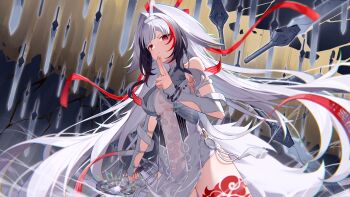 1girl absurdres alternate_form armlet bracelet breasts china_dress chinese_clothes cloud_print commentary cowboy_shot dress droopy_ears english_commentary gradient_hair headband highres holding holding_sword holding_weapon horns jewelry large_breasts leg_tattoo multicolored_hair multiple_swords muou qingming_sword red_eyes red_ribbon red_streaks ribbon see-through_clothes silver_bracelet single_horn sleeveless sword tail tassel tattoo weapon white_hair ye_shunguang zenless_zone_zero