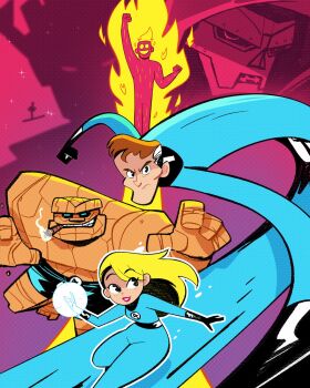 1girl 4boys ben_grimm blonde_hair blue_bodysuit bodysuit character_request fantastic_four highres human_torch johnny_storm julianvanbores looking_at_viewer marvel multiple_boys reed_richards sue_storm tagme the_fantastic_four:_first_steps