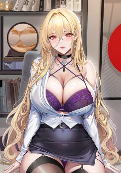 Rule 34 | 1girl, azur lane, bare shoulders, black choker, black thighhighs, blonde hair, blush, bra, breasts, choker, covered navel, glasses, high-waist skirt, implacable (azur lane), indoors, large breasts, long hair, looking at viewer, mole, mole on thigh, mole under eye, off shoulder, panties, partially unbuttoned, purple bra, purple panties, red eyes, shirt, sitting, skirt, solo, thighhighs, tsuki no i-min, underwear, white shirt