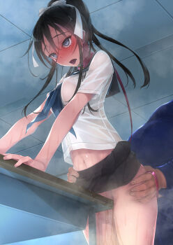 1boy anal bdsm bent_over blush closed_eyes clothed_sex collar covered_erect_nipples crotch_rub crying desk female_masturbation forced forced_masturbation hair_ribbon hands_on_own_hips heavy_breathing highres leash maketara_omae,_hitoban_ore_no_omocha_na masturbation murakami_suigun navel nipples no_bra no_panties ponytail pussy_juice pussy_juice_drip ribbon school_uniform slave sweat table_humping tearing_up tears tongue tongue_out torogao wide-eyed