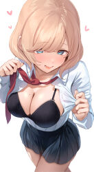 Rule 34 | 1girl, absurdres, black bra, black skirt, blonde hair, blue shirt, blush, bra, breasts, cleavage, commentary request, copyright request, heart, highres, large breasts, long sleeves, looking at viewer, medium hair, mole, mole on breast, mole under eye, necktie, open mouth, ray mil68, red necktie, shirt, simple background, skirt, solo, standing, thighs, underwear, white background