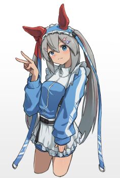 1girl absurdres alternate_costume animal_ears apron blue_eyes blue_hairband blue_headdress blue_jacket blue_shorts blush closed_mouth cocoa_inryo ear_covers frilled_apron frills grey_hair grey_tail hair_between_eyes hairband headband highres horse_ears horse_girl horse_tail jacket jersey_maid long_hair long_sleeves looking_at_viewer maid maid_apron maid_headdress multicolored_hair red_hair shorts solo streaked_hair tail tamamo_cross_(umamusume) track_jacket twintails umamusume unconventional_maid v very_long_hair waist_apron white_apron
