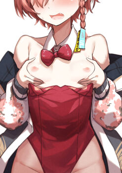 1girl bare_shoulders blue_archive bow bowtie braid cowboy_shot detached_collar female_focus groin head_out_of_frame highleg highleg_leotard highres jacket leotard leotard_pull loli morisobo neru_(blue_archive) neru_(bunny)_(blue_archive) nipples no_bra open_clothes open_jacket orange_hair pantyhose playboy_bunny red_bow red_bowtie red_leotard see-through_clothes see-through_legwear side_braid simple_background solo strapless strapless_leotard traditional_bowtie wing_collar