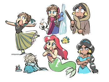 Rule 34 | 2others, 4girls, ahoge, aladdin (movie), anna (frozen), arabian clothes, bandeau, bare shoulders, bikini, blonde hair, blue dress, blue mittens, blush, braid, brown hair, carrot, circlet, company connection, crown braid, crying, dark-skinned female, dark skin, deformed, disney, disney princess, dress, earrings, elsa (frozen), figure, fish, flounder (the little mermaid), frozen (disney), green dress, green tail, harem pants, head between thighs, holding, holding stick, hood, hood up, jasmine (disney), jewelry, long hair, mermaid, mittens, monster girl, multi-tied hair, multiple girls, multiple others, necklace, off-shoulder bandeau, off shoulder, olaf (frozen), open mouth, outstretched arms, pants, princess, red hair, shell, shell bikini, short hair, simple background, smile, snowman, standing, standing on one leg, stick, sweatdrop, swimsuit, teeth, the little mermaid (disney), tsubobot, twin braids, upper teeth only, white background, wide-eyed