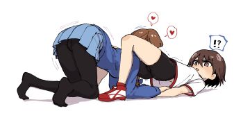 !? 2girls aomushi_(mushamusha) bike_shorts black_legwear black_shorts blue_ribbon blue_skirt blue_sweater braid braided_ponytail brown_eyes brown_hair exercising girls_und_panzer gym_shirt gym_uniform hair_ribbon heart highres isobe_noriko kneeling leaning_forward leotard long_sleeves lying miniskirt motion_lines multiple_girls no_shoes on_back pantyhose pleated_skirt red_leotard ribbon rukuriri_(girls_und_panzer) school_uniform shadow shirt shoes short_hair short_shorts short_sleeves shorts simple_background single_braid skirt sneakers socks spoken_heart spoken_interrobang st._gloriana's_school_uniform sweater t-shirt trembling white_background white_footwear white_shirt